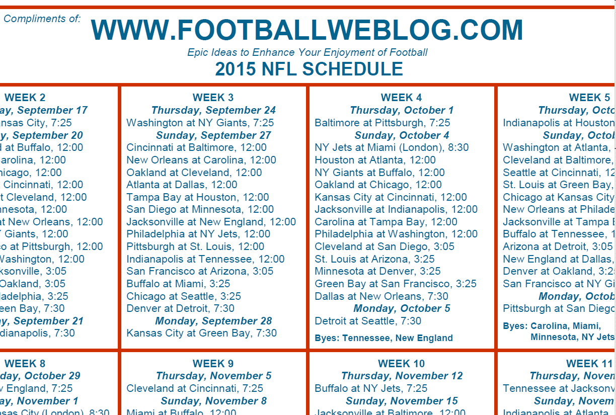 One Page 2015 NFL Schedule | Football 